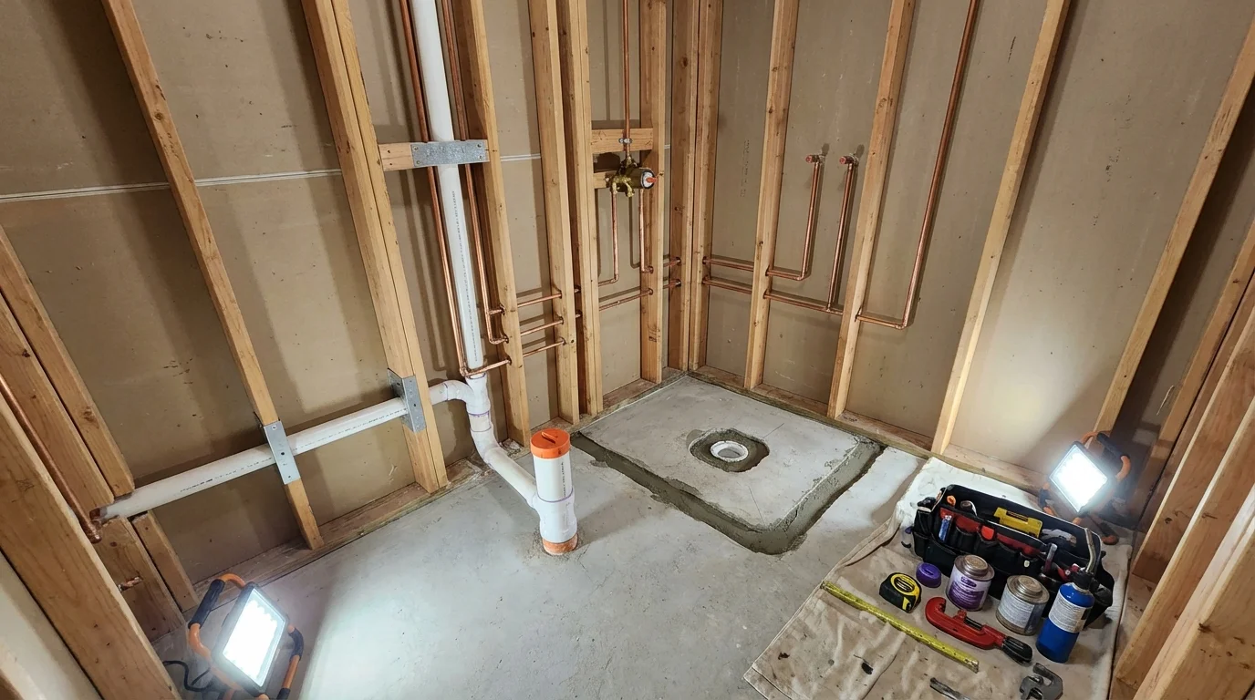 Bathroom rough-in plumbing during remodel by Johns Plumbing LLC in Ayer