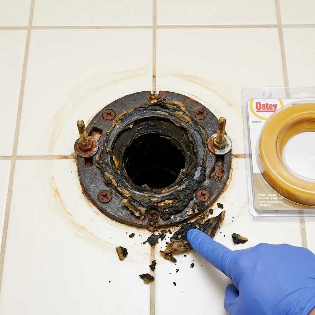 Failed wax ring showing water seepage at the base of a toilet in a Ayer, MA home