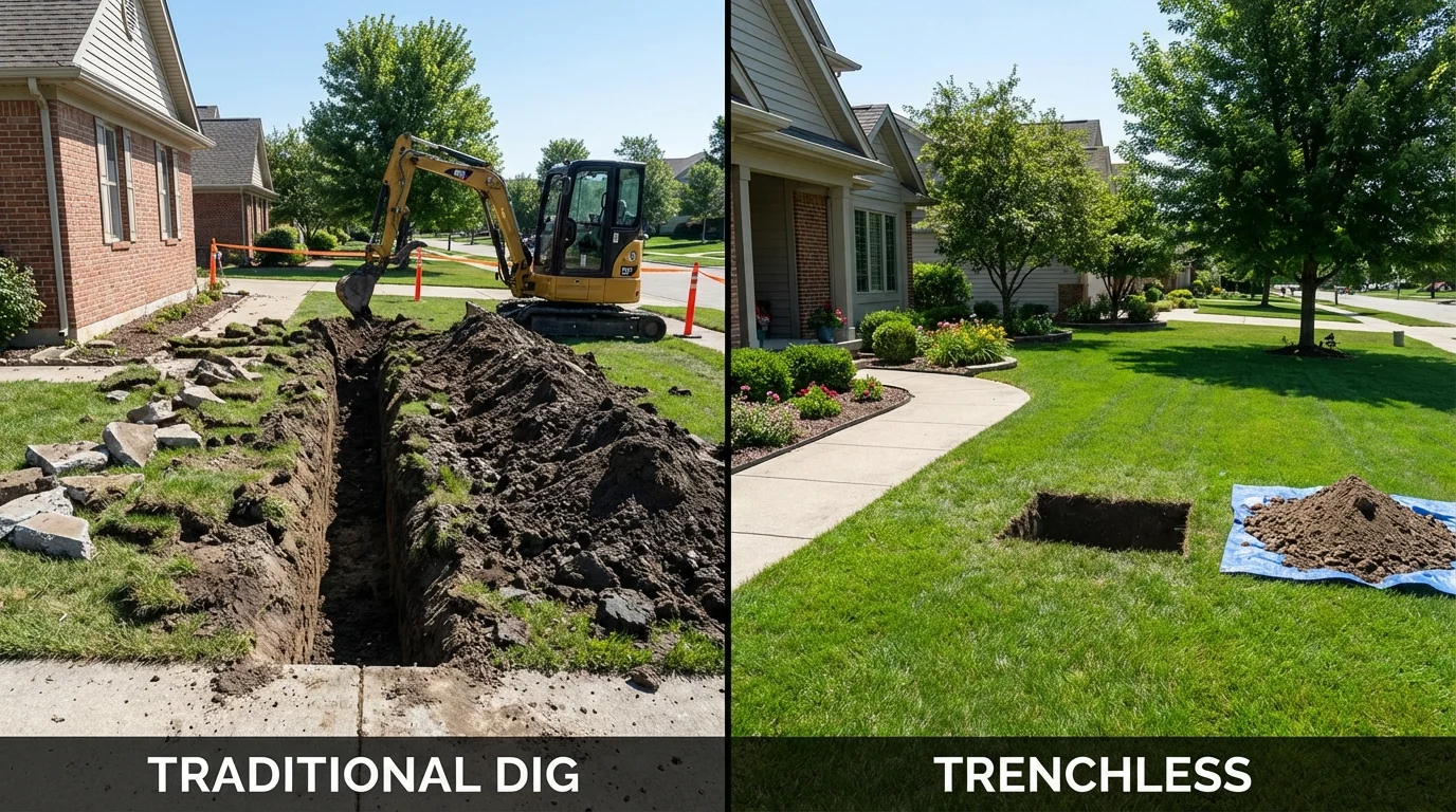 Trenchless sewer repair with minimal yard damage versus traditional excavation in Ayer, MA